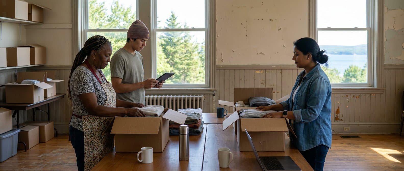 Three volunteers packing donation boxes in a community hall, one checking the inventory on a tablet