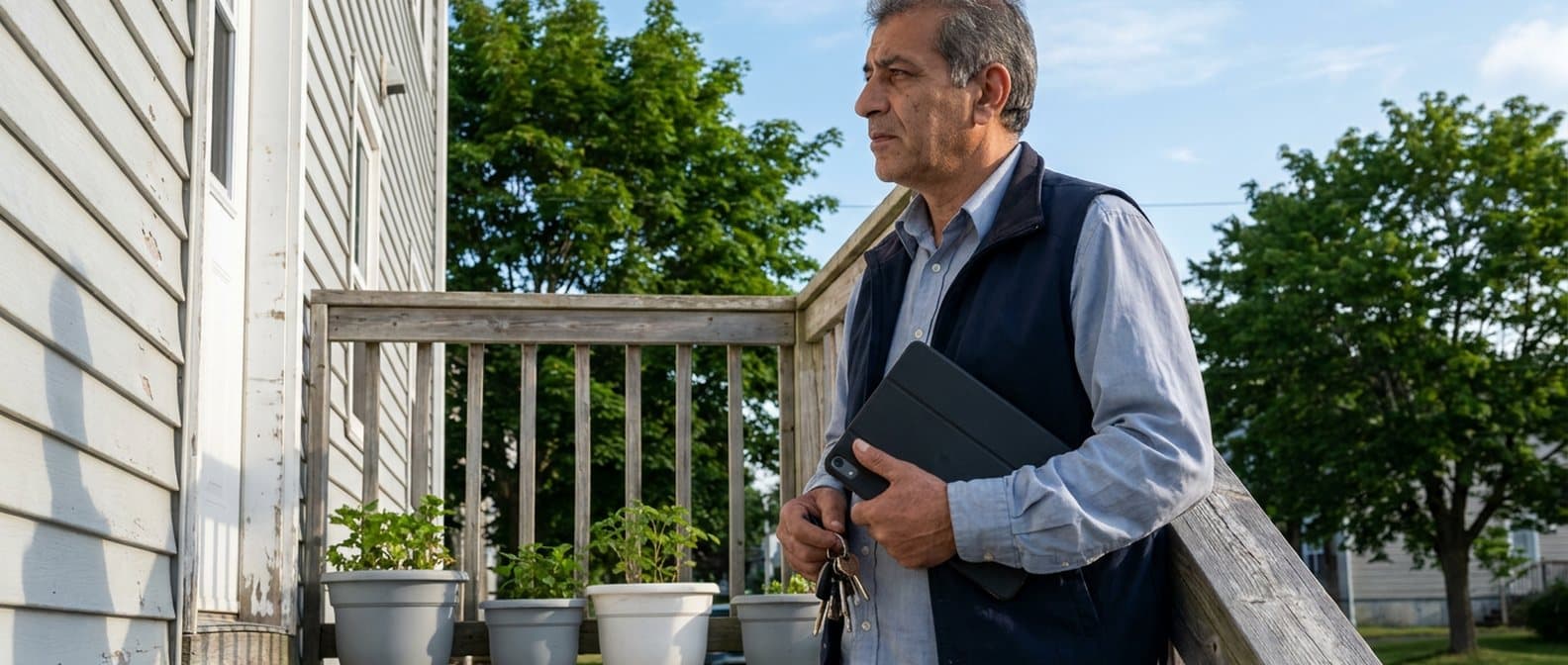 A property manager on the steps of a clapboard apartment building holding a ring of keys and a tablet