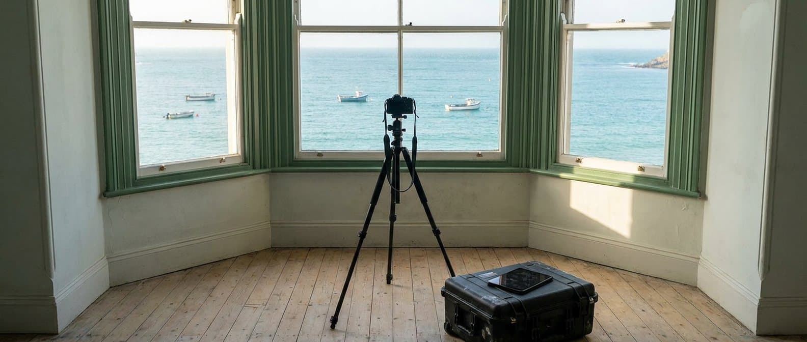 An empty bright room with a camera on a tripod in front of a bay window over the sea