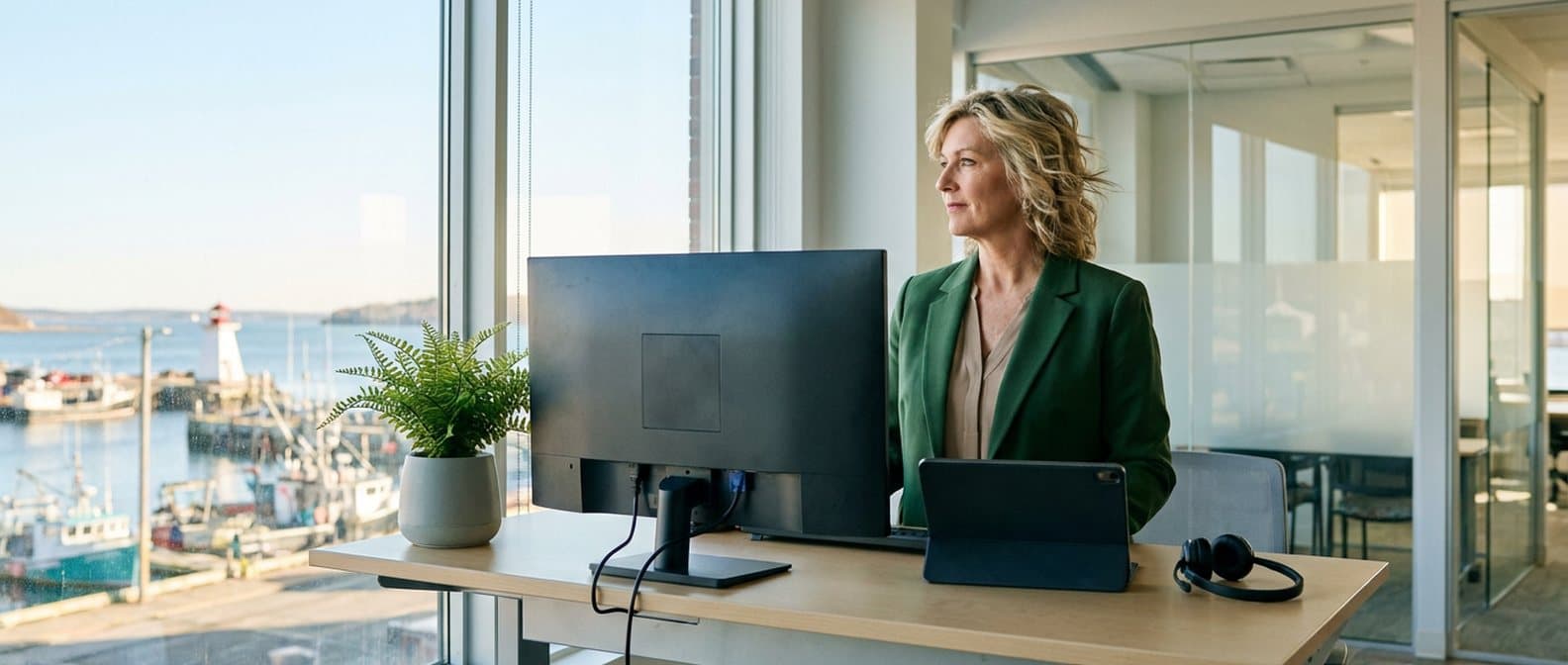 A harbour authority manager in a green blazer standing at a desk in a modern office, the harbour and a lighthouse through the window