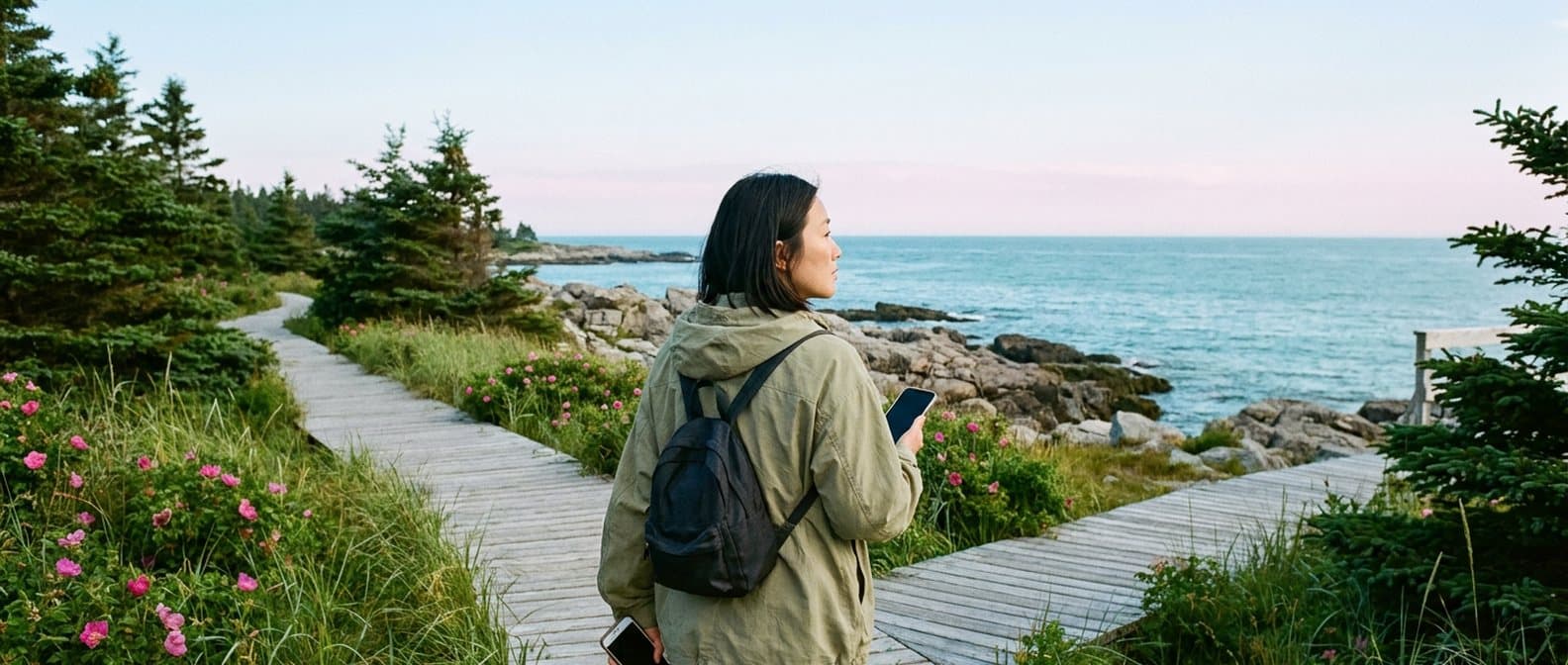 A woman with a backpack checking her phone where a coastal boardwalk splits in two, with the sea beyond