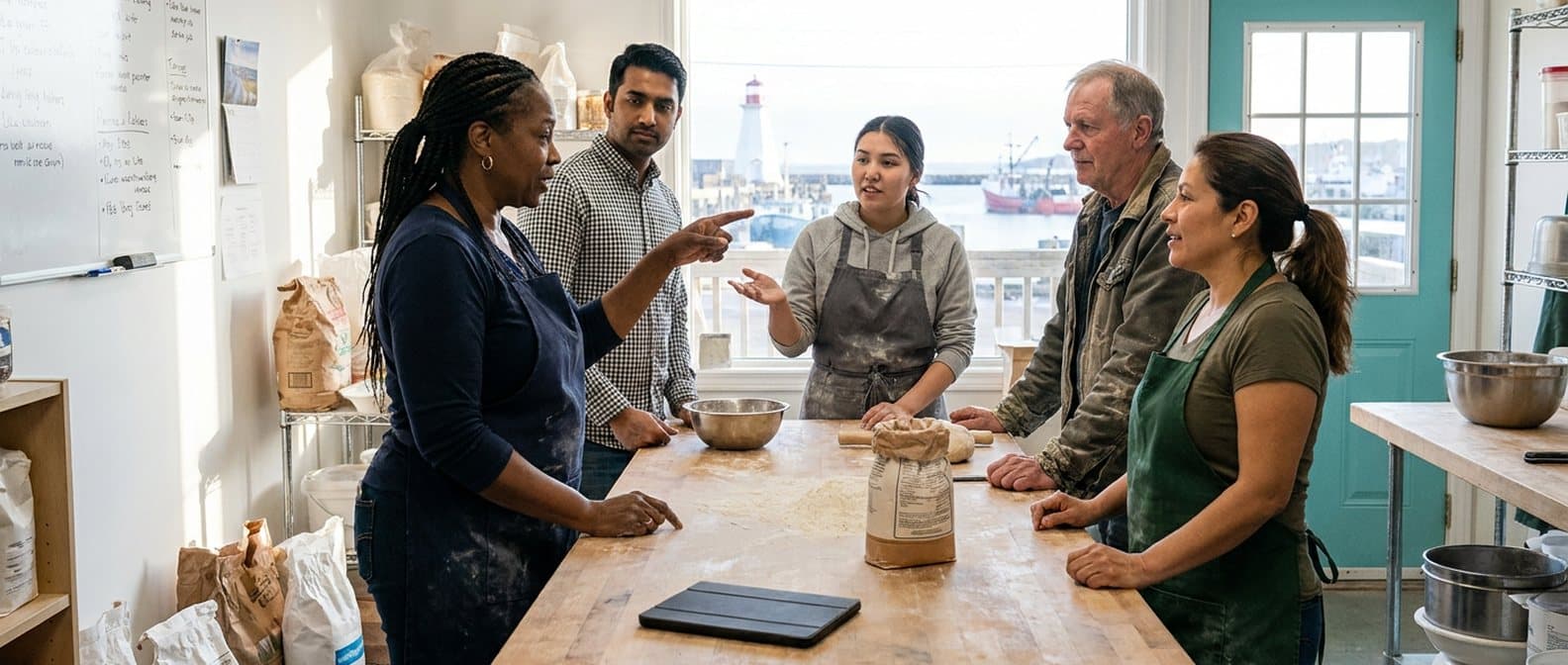 Five people in aprons of different ages and backgrounds stand around a floury bakery workbench, talking, with a lighthouse and a fishing boat visible through the window behind them