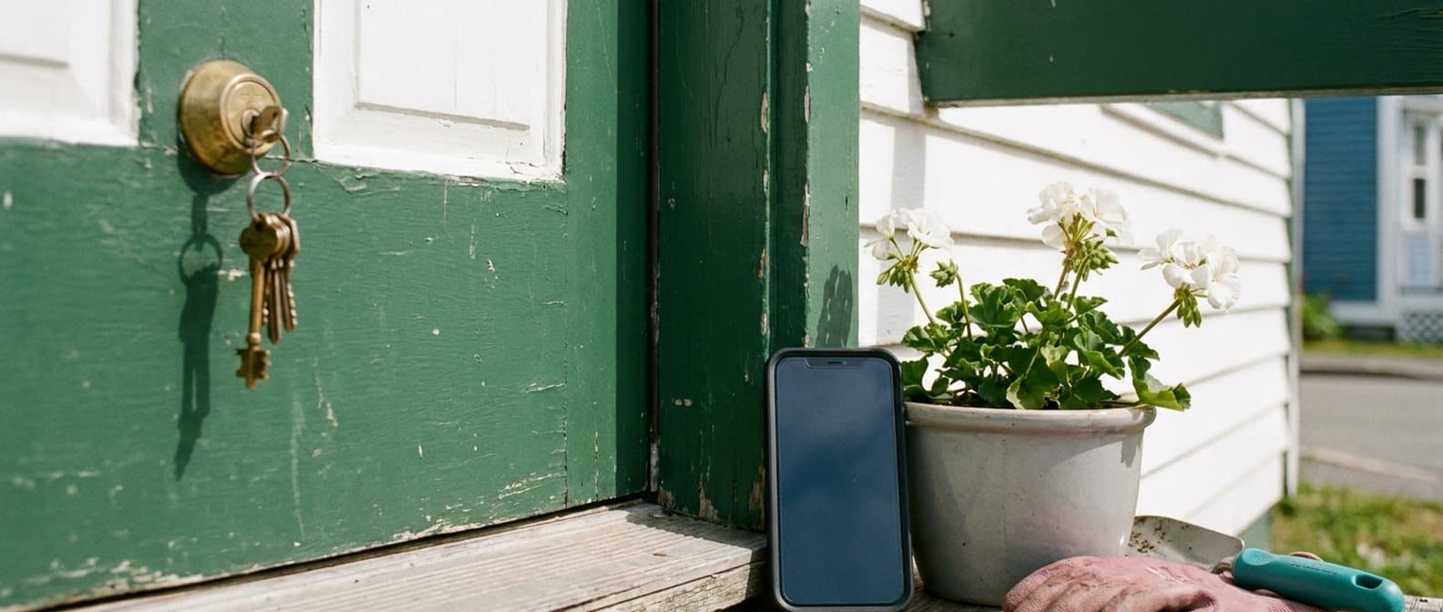House keys in the lock of a green front door, with a smartphone on the doorstep beside a pot of white geraniums