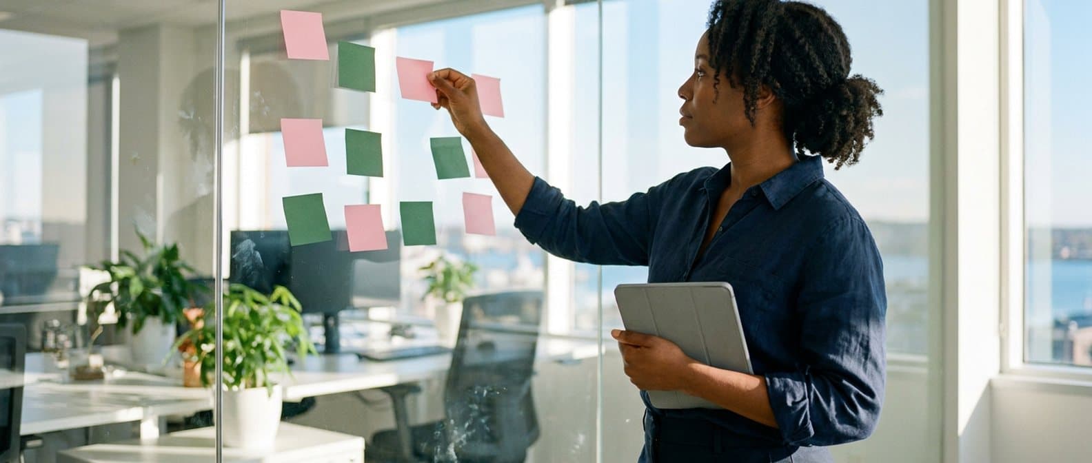 A woman placing sticky notes on a glass wall in a bright modern office, a tablet under her arm