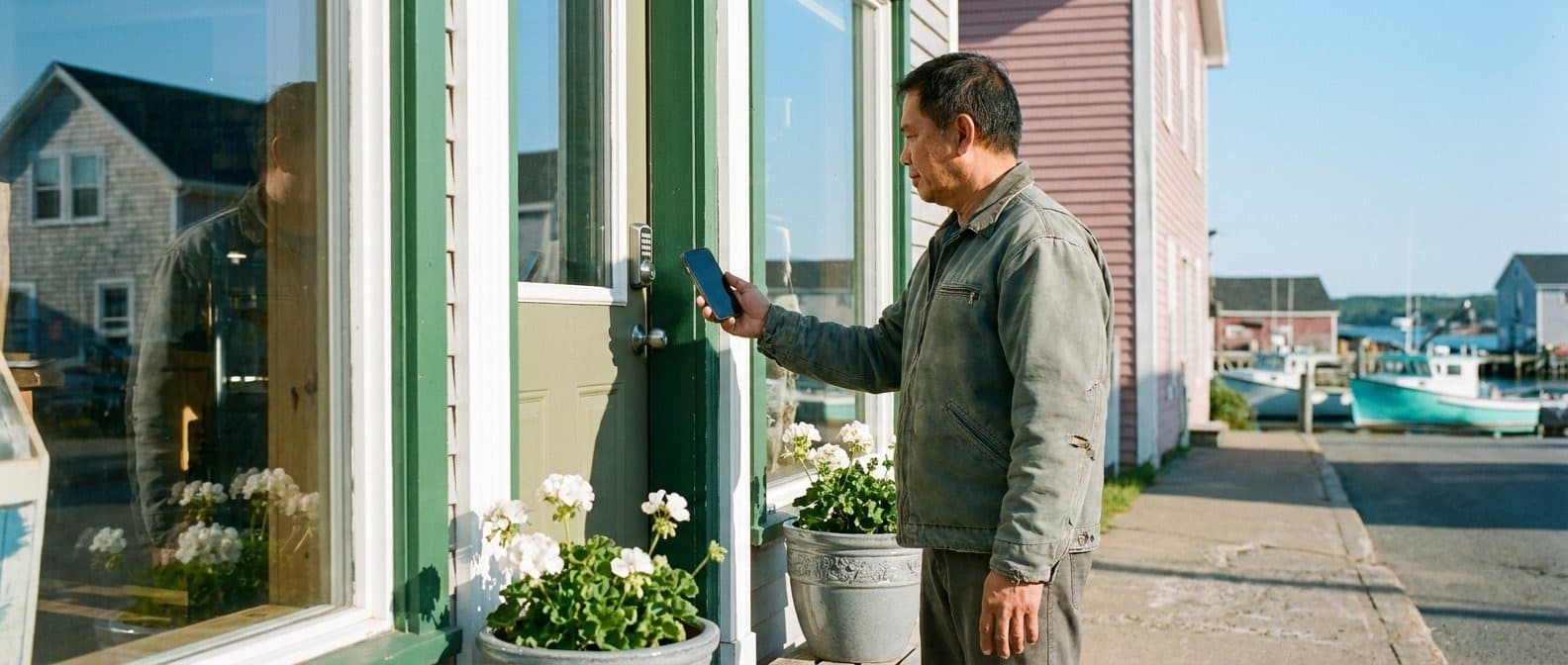 A shop owner holding his phone to a smart lock on the green door of his shop on a sunny street
