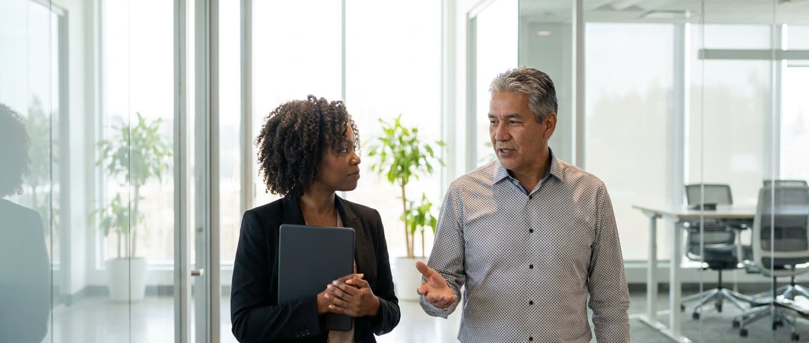 Two colleagues walking along a glass-walled office corridor, one carrying a tablet, talking as they go