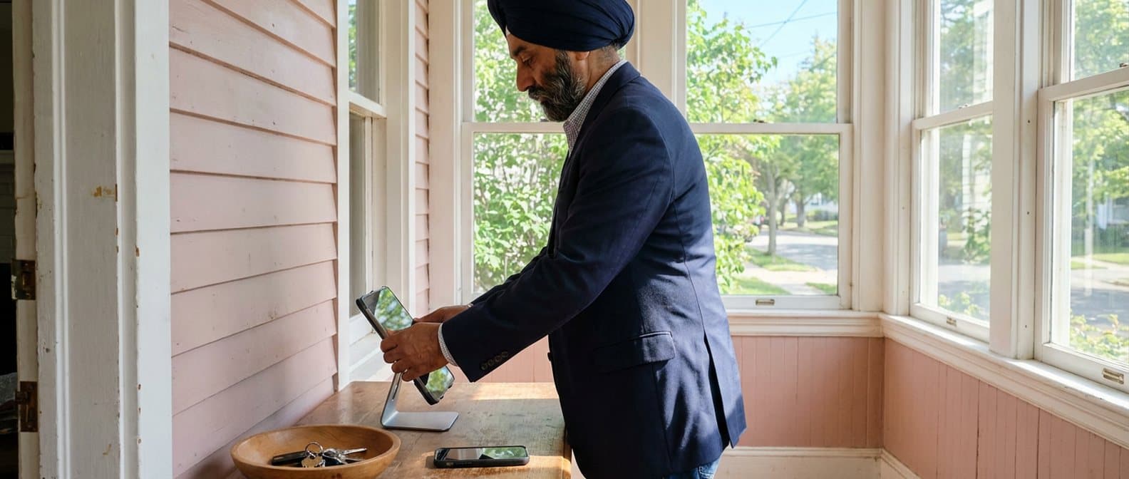 A real estate agent in a turban and blazer setting up a sign-in tablet for an open house in a sunny front hall