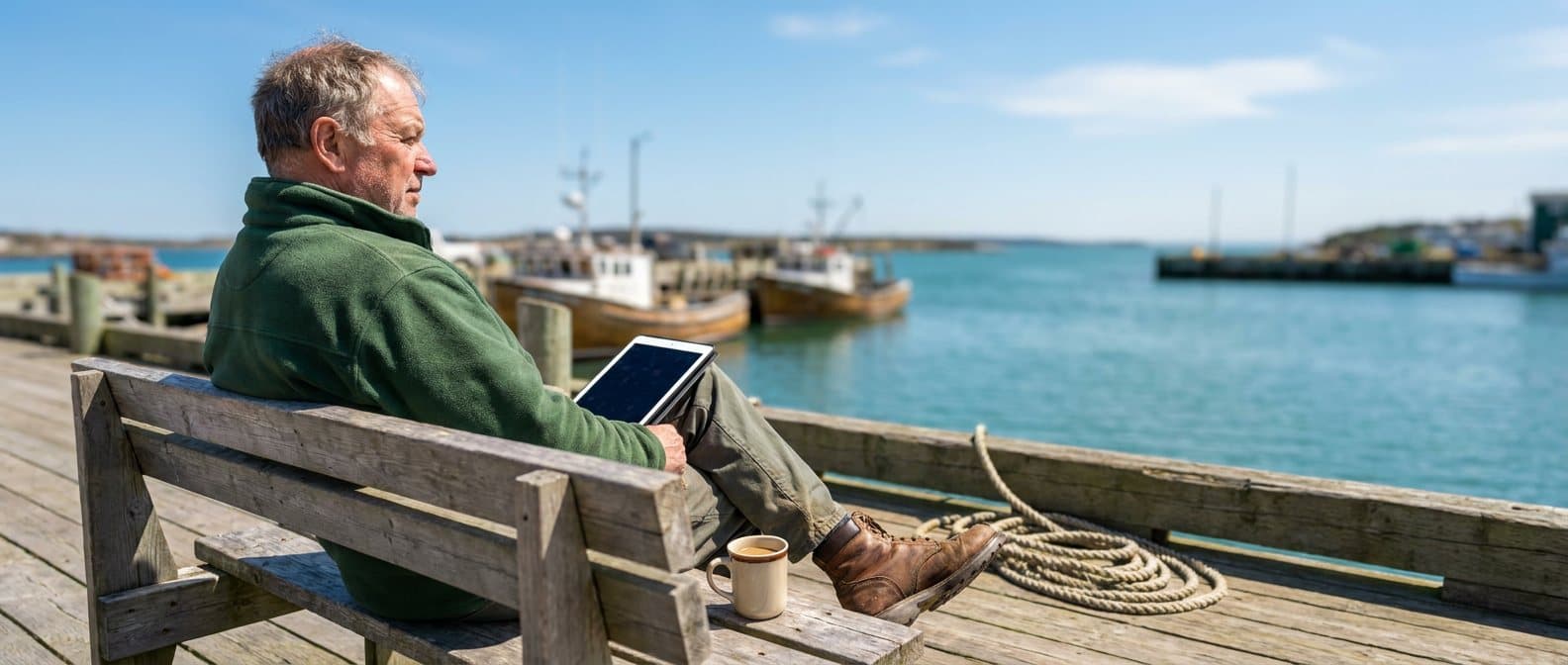 A boatyard owner sitting on a wharf bench with a tablet and a mug of coffee, boats in the harbour behind him