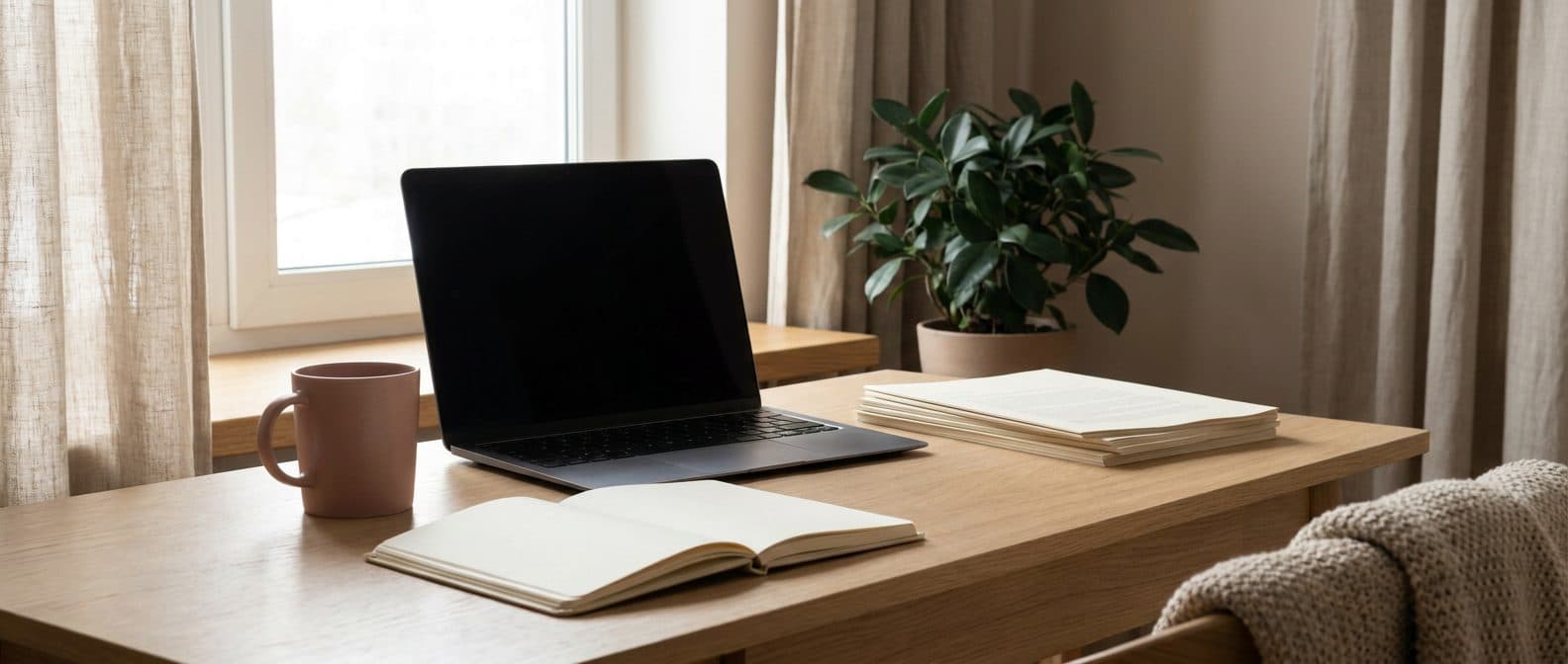 A calm writing desk with a laptop, an open notebook and a stack of pages by a window