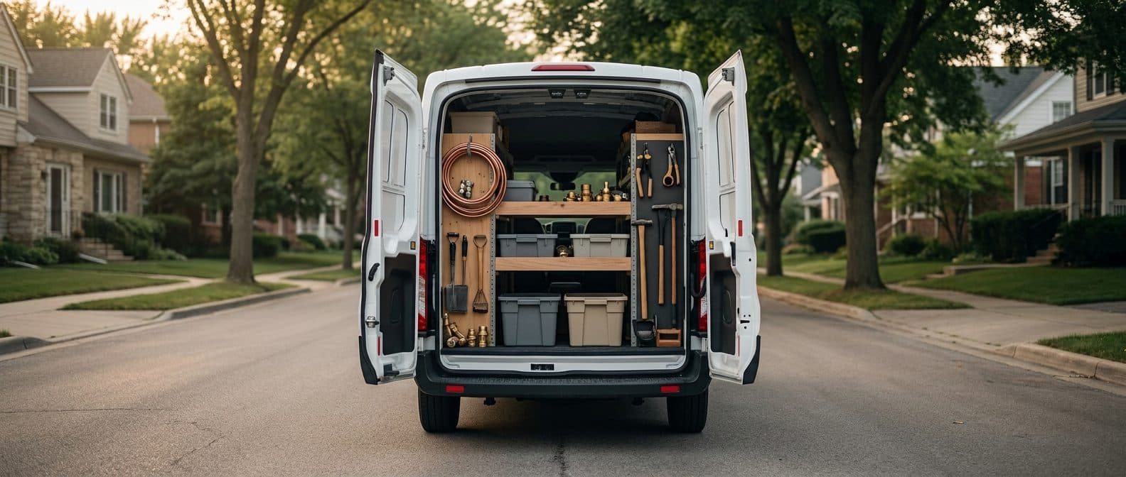 An unmarked service van on a residential street with its rear doors open to organized tools