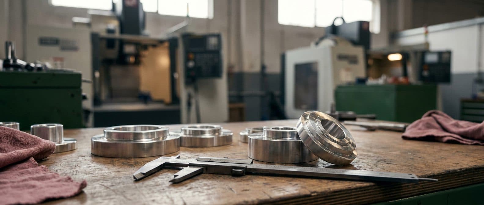 Machined aluminium parts and a steel caliper on a workbench in a machine shop
