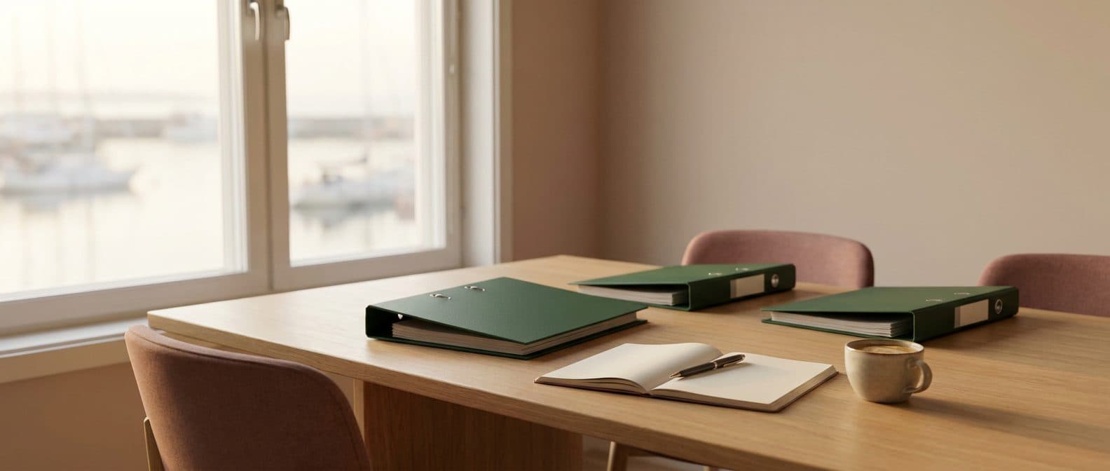 Green project binders, a notebook and coffee on a meeting table with a harbour view