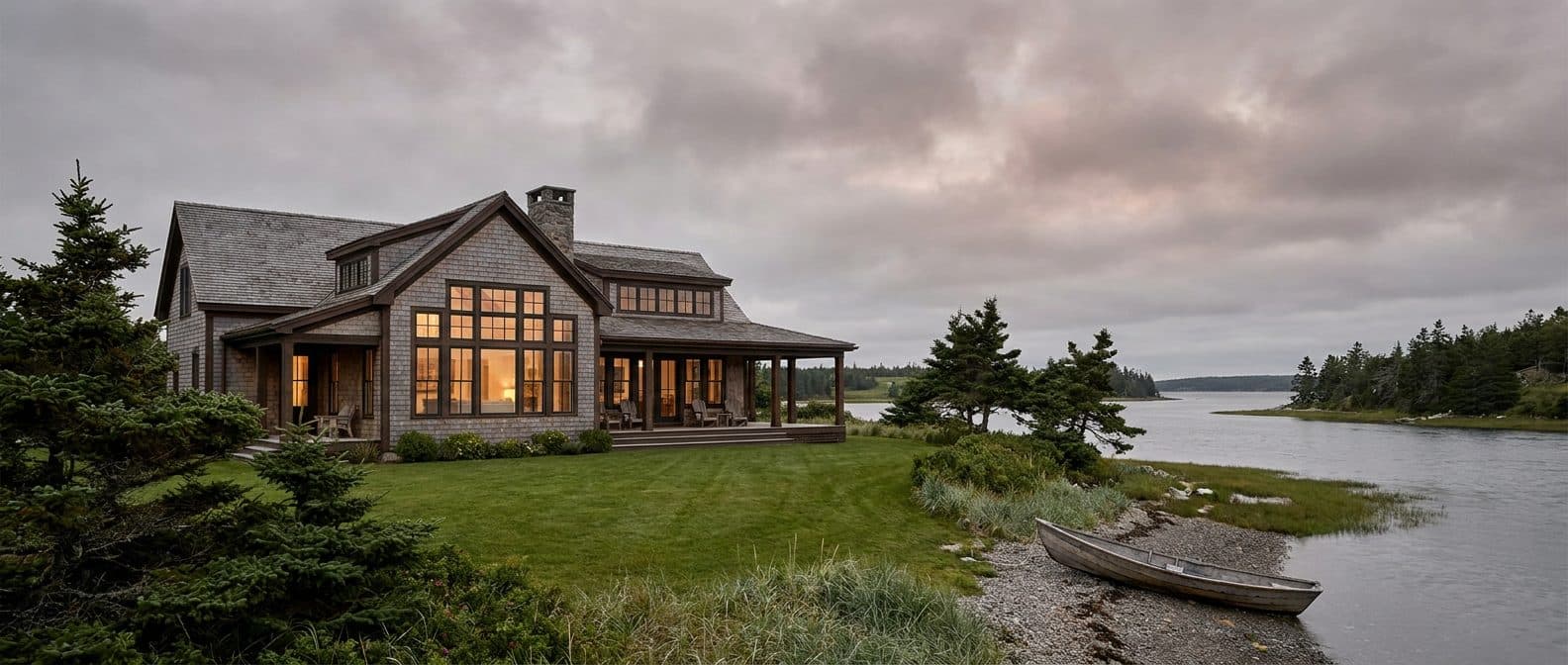 A cedar-shingled coastal home at dusk with lamps lit inside