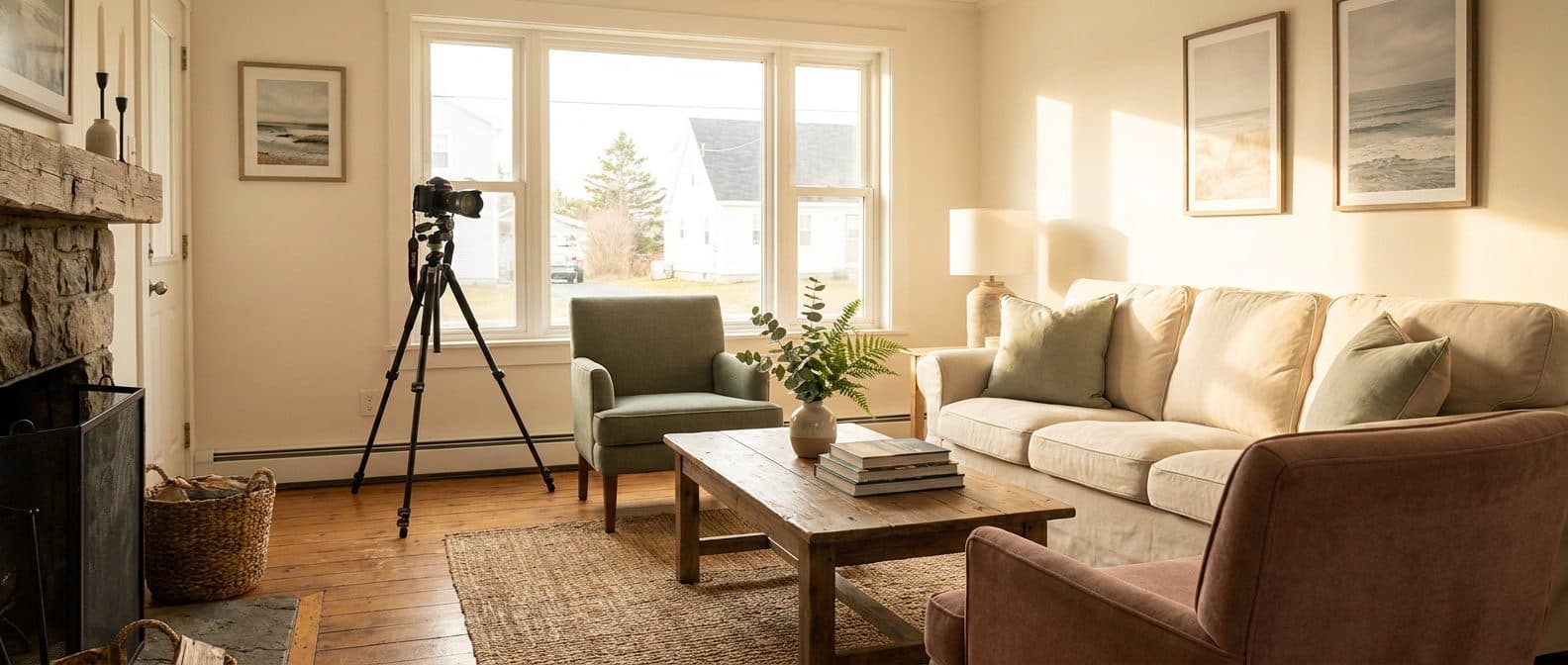 A bright, staged living room with a camera on a tripod by the window