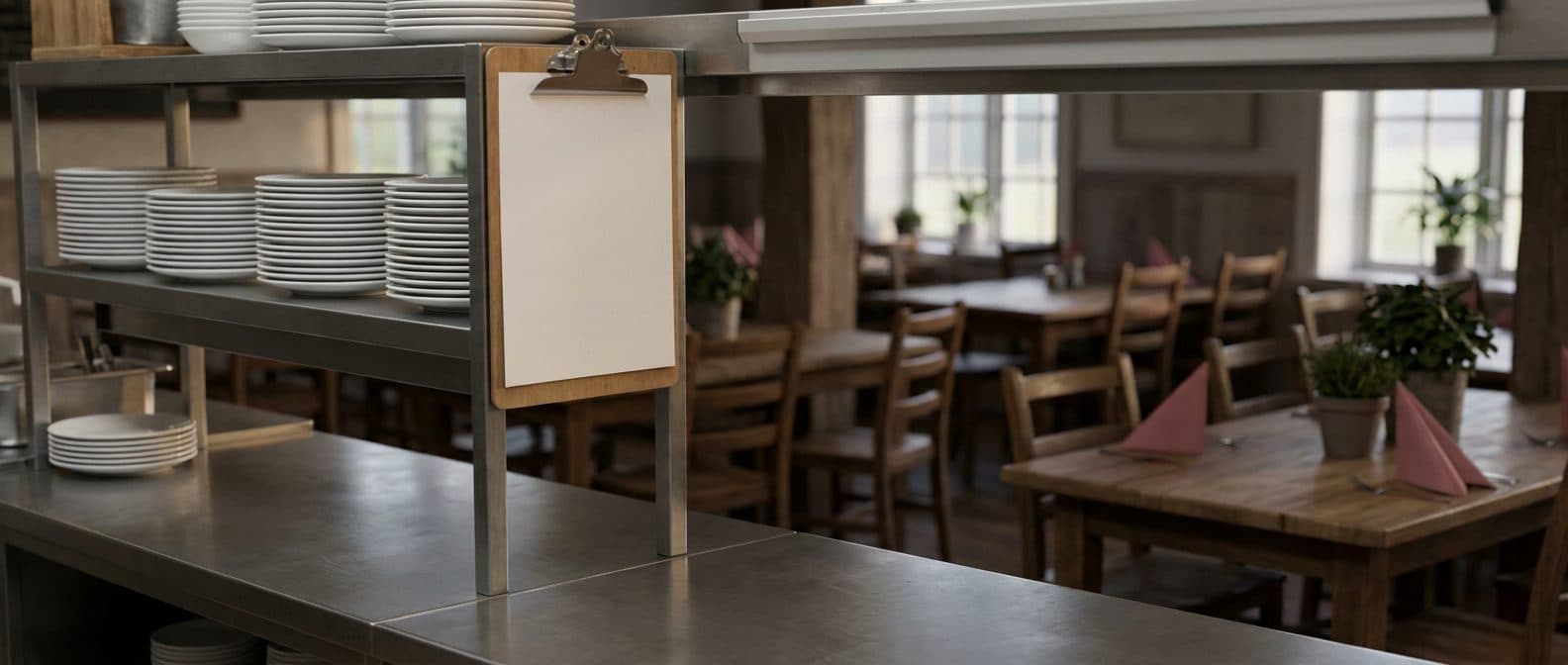 A restaurant kitchen pass with stacked plates and a clipboard before service