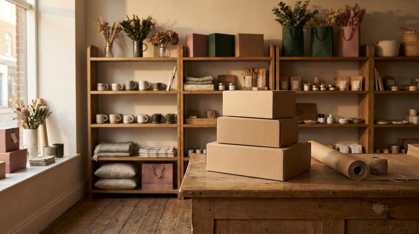 A small specialty shop with stocked wooden shelves and shipping boxes on the counter