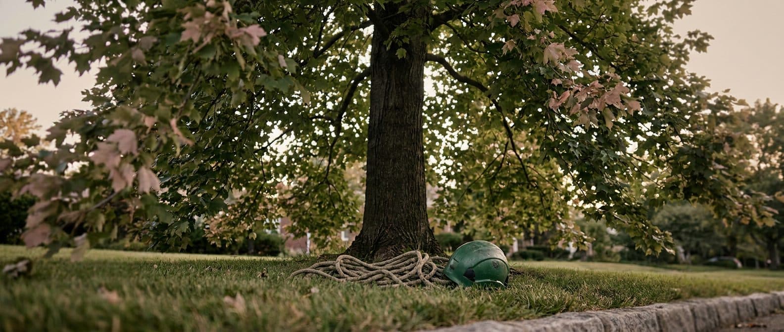 A mature tree canopy with a climbing rope and an arborist's helmet at the base of the trunk